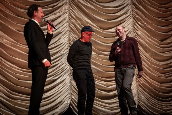 David and Nathan Zellner, centre and right, onstage with festival artistic director Carlo Chatrian at the Zoo Palast in Berlin. Nathan: 'I want to believe and I really do enjoy talking to Bigfoot experts and people who truly believe and just seeing their passion'