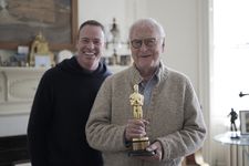 Stephen Soucy with James Ivory holding his Best Adapted Screenplay Oscar for Luca Guadagnino’s Call Me By Your Name