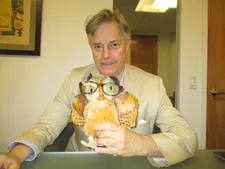 Whit Stillman with Anne-Katrin Titze's Steiff Owl